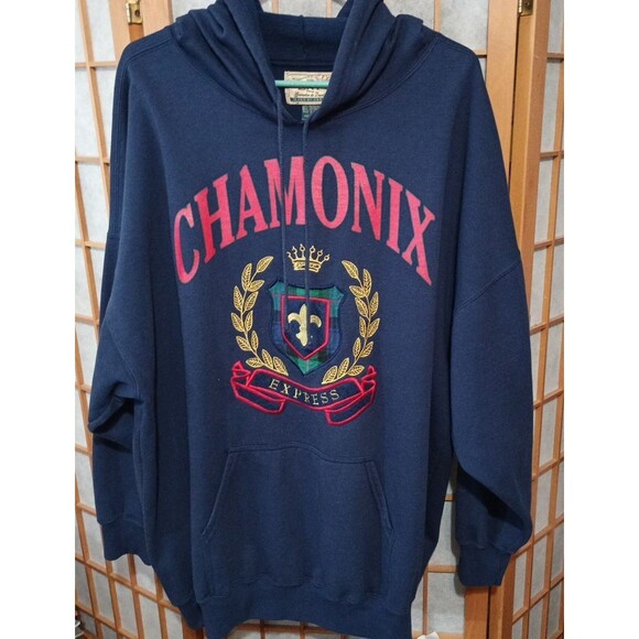Vintage 90s EXP Jeans Chamonix Express Sweatshirt L Navy Blue Crest Logo - Picture 1 of 11